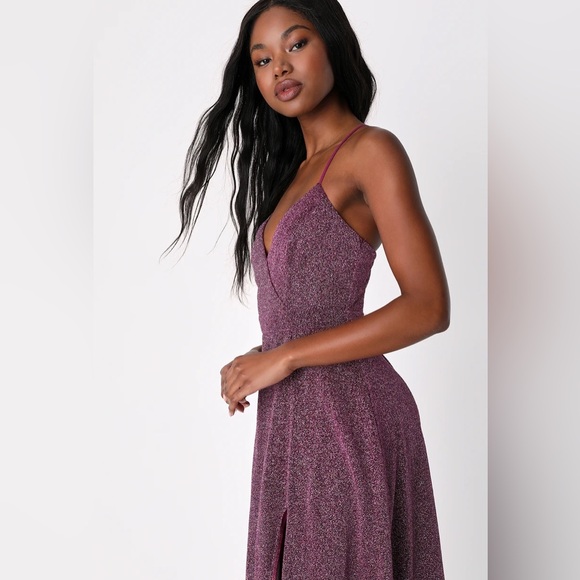 Lulu’s Truly Dazzling Magenta Purple Multi Glitter Sparkle Spaghetti Straps Gown - Picture 5 of 11